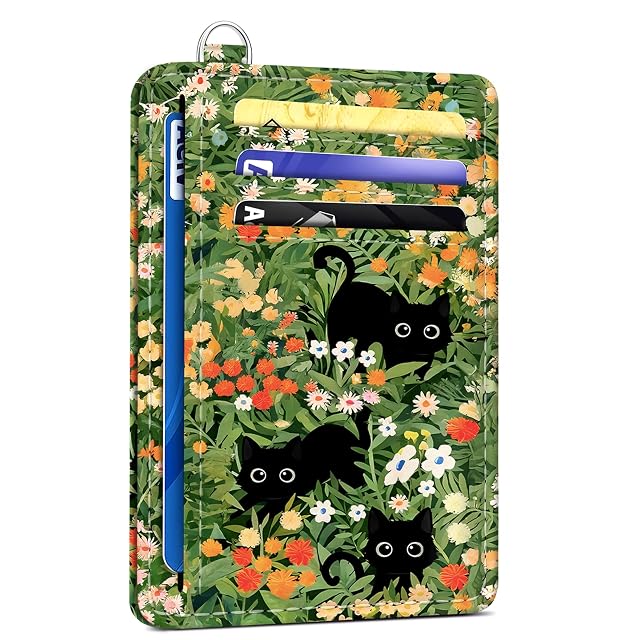 SEAVILIA Credit Card Holder for Women Black Cat RFID Wallet Women Slim Minimalist Front Pocket Card Holder Cute