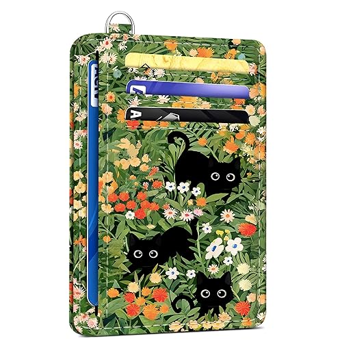SEAVILIA Credit Card Holder for Women, Black Cat RFID Wallet Women, Slim Minimalist Front Pocket Card Holder, Cute Thin Travel RFID Blocking Card Case, Small Wallets Woman Gifts Girls - Black Cat Floral