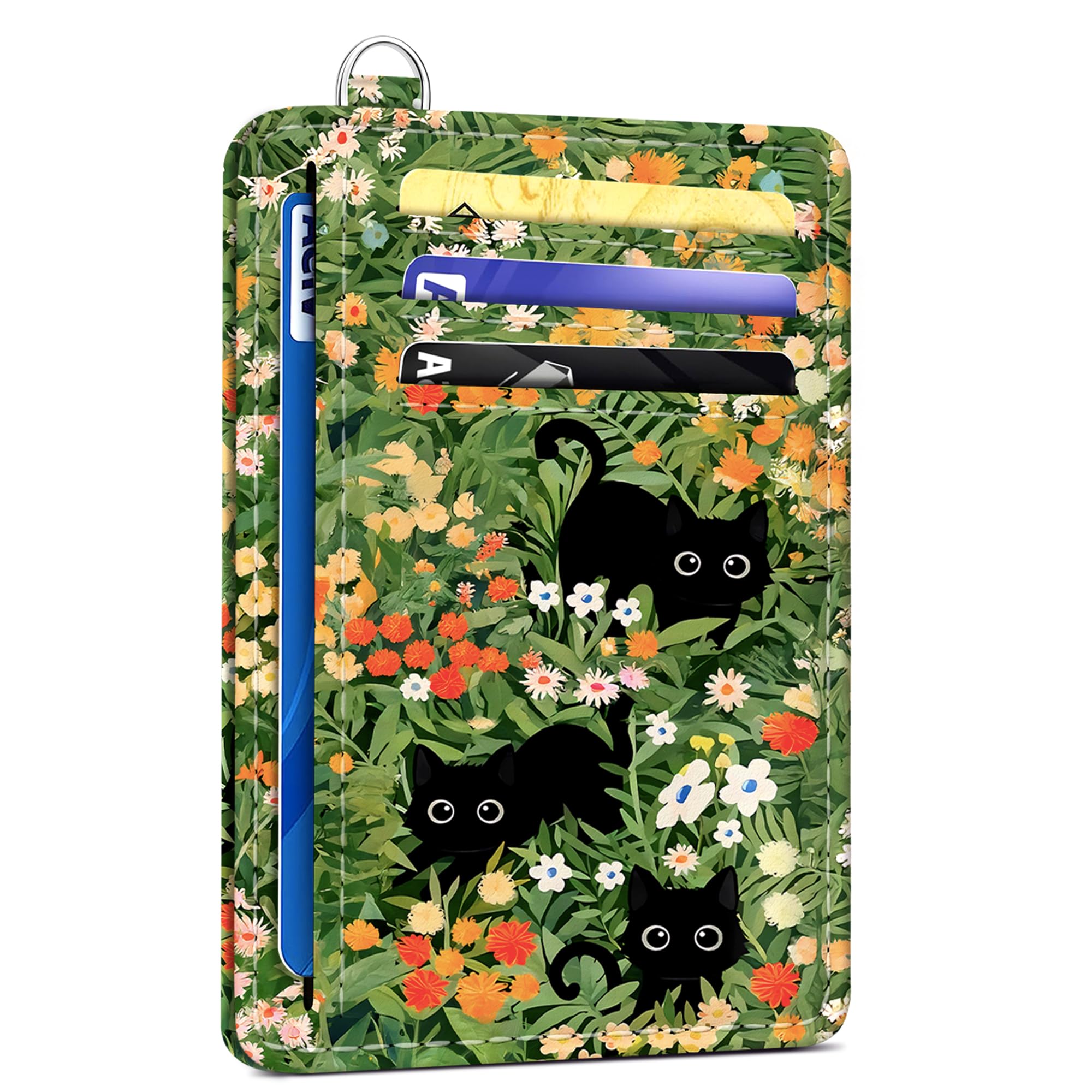 SEAVILIA Credit Card Holder for Women Black Cat RFID Wallet Women Slim Minimalist Front Pocket Card Holder Cute