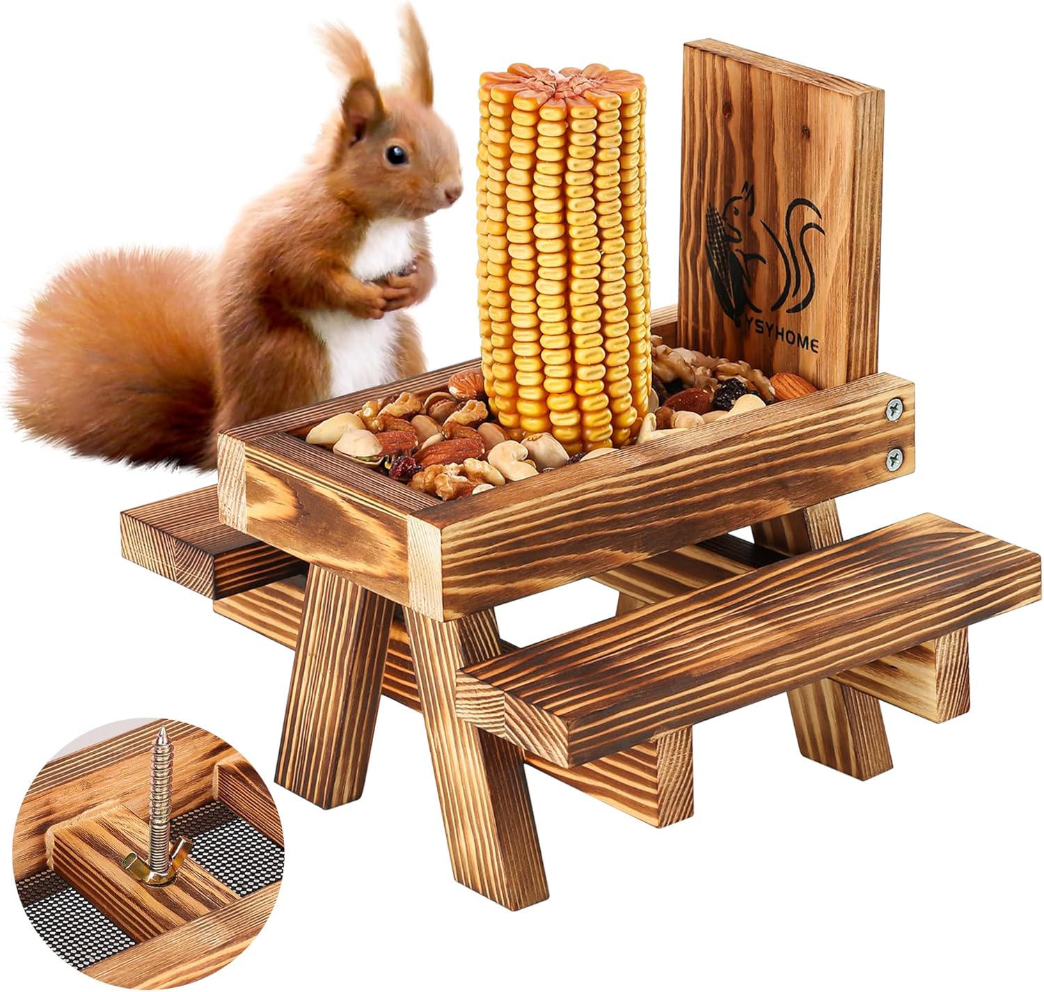 Squirrel Feeder for Outside with Umbrella, Carbonized Wood Squirrel Picnic Table Feeder with Corn Cob Holder & Peanut Tray, Durable Picnic Table for Squirrel and Chipmunk, New Premium Gift (Brown-red)