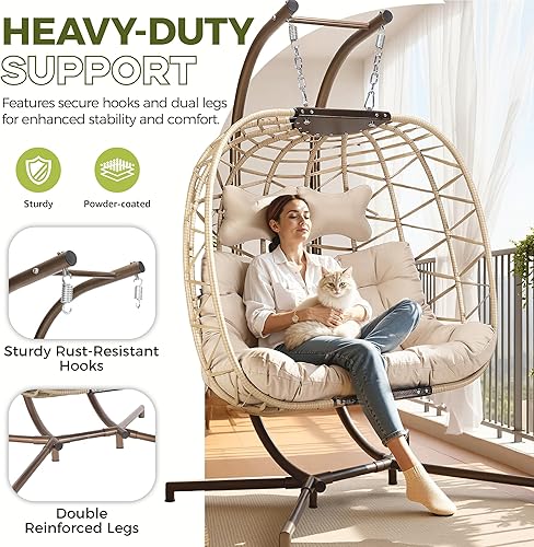 Miniatura 7 de RADIATA Silla de huevo doble con soporte, sofá biplaza colgante de huevos de gran tamaño para 2 personas, 700 libras, resistente para interiores y