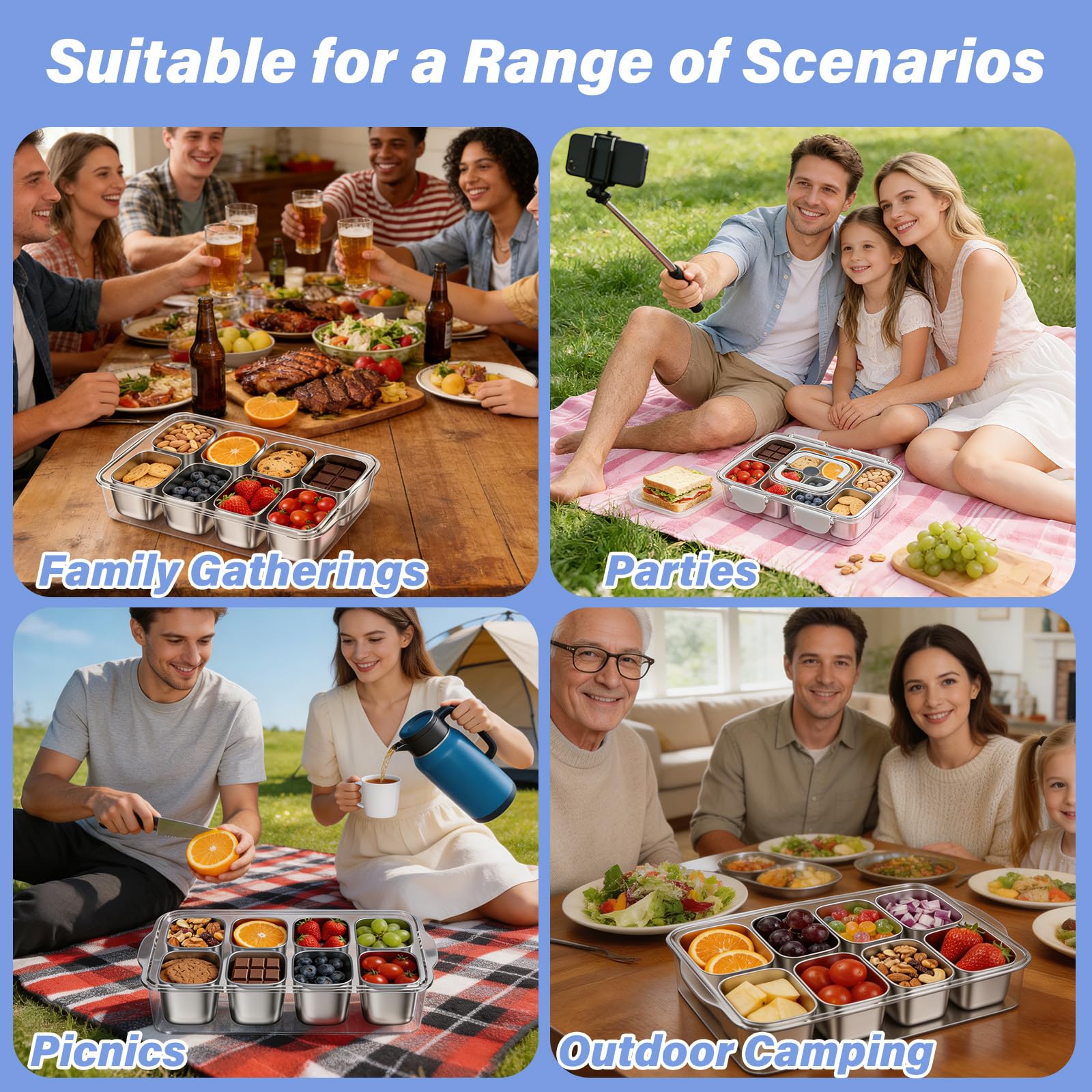 Caja de aperitivos con 8 compartimentos de acero inoxidable, bandeja para aperitivos con tapa y asa, lavable en el lavaplatos, para diversas frutas, aperitivos y postres
