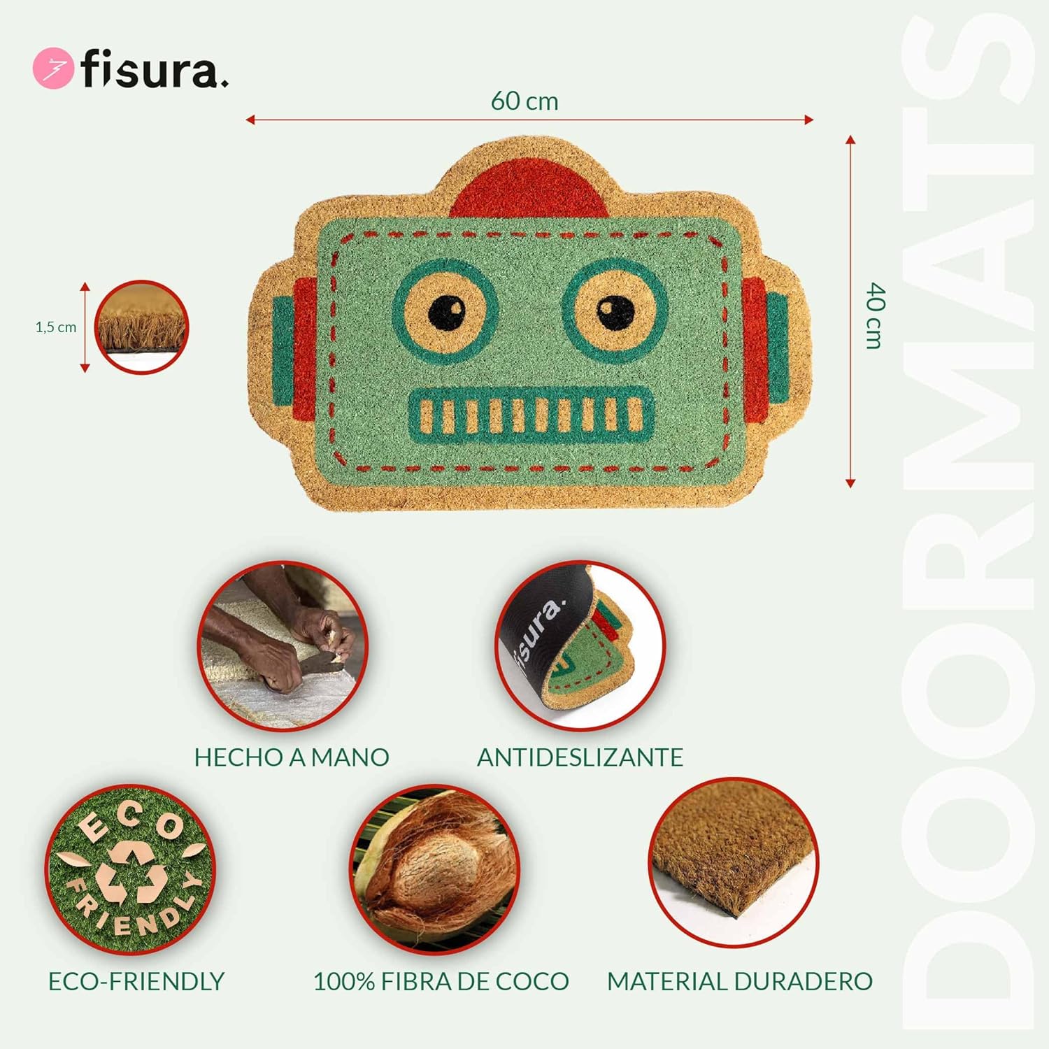 Fisura- Doormat Outdoor Entrance, Outdoor mats for Front Door, Welcome mat. Made of Coconut Fiber with Non-Slip PVC Base, Doormat Hand-Painted, 27,5 inch x 15,7 inch. (Robot, Blue)