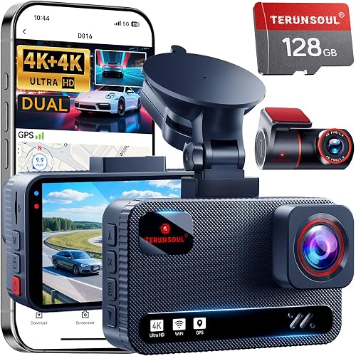 Dash Cam Front and Rear, 4K+1080P Dash Camera for Cars, Free 64GB Card, WiFi 5 Up to 15MB/s, Starlight Night Vision, G-Sensor, 12H Parking Mode, 2.99" Full-Laminated Screen
