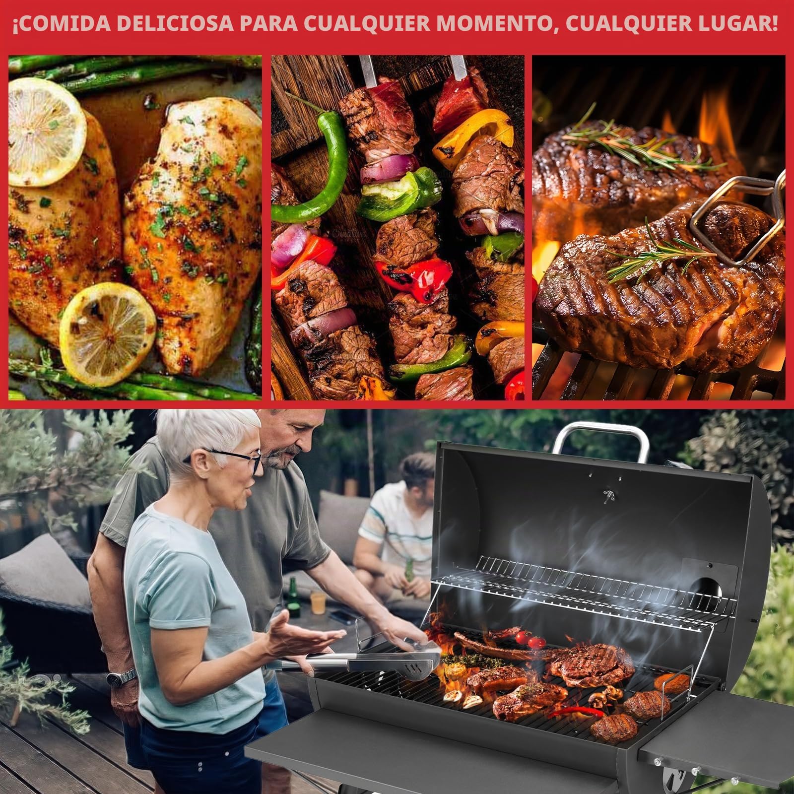 Barbacoa de carbón vegetal con tapa | Barbacoa de carbón vegetal, mango de carbón, parrilla y termómetro, barbacoa de carbón vegetal grande, barbacoa de jardín, carbón vegetal