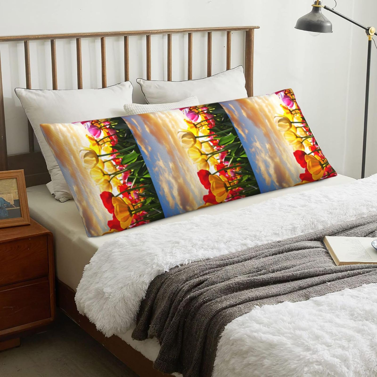 Tulip Flower Sunset, Body Pillow Cover with Zipper,Long Body Pillowcase 20 x 60 in