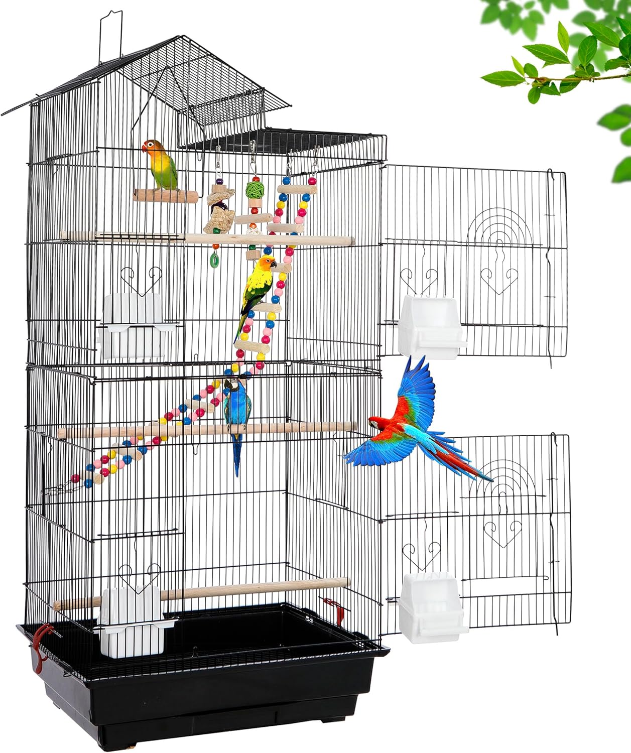 39-inch Roof Top Bird Cage with Stand Tray and Toys, Flight Pet House for Small Quaker Parrot Cockatiel Parakeet Chinchilla Macaw Cockatoo Green Cheek Sun Conure Parakeet