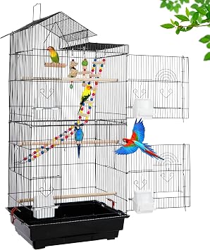 39-inch Roof Top Bird Cage with Stand Tray and Toys, Flight Pet House for Small Quaker Parrot Cockatiel Parakeet Chinchilla Macaw Cockatoo Green Cheek Sun Conure Parakeet