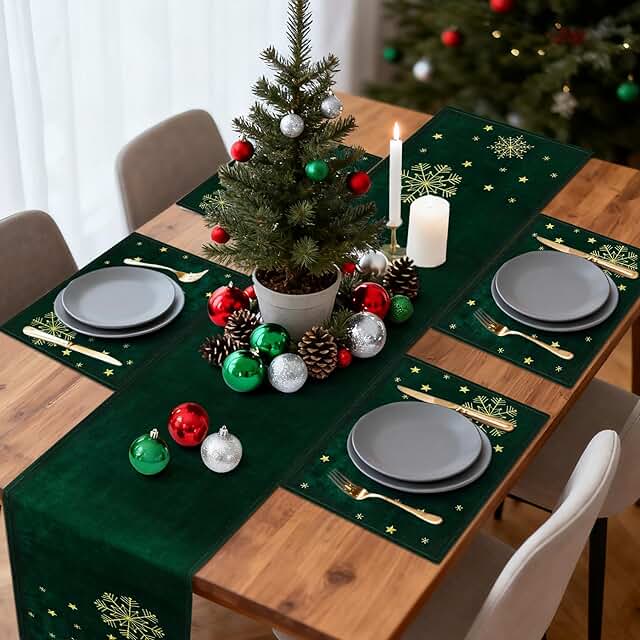 Christmas Velvet Table Runner and Placemats Set of 5, 12 x 70 Inch Green...