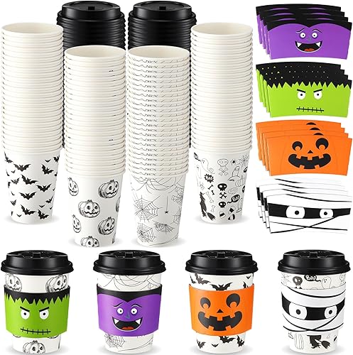 Umigy Paquete de 100 tazas de café desechables de Halloween de 12 onzas, tazas de café de papel con tapas de cúpula y fundas para bebidas frías y
