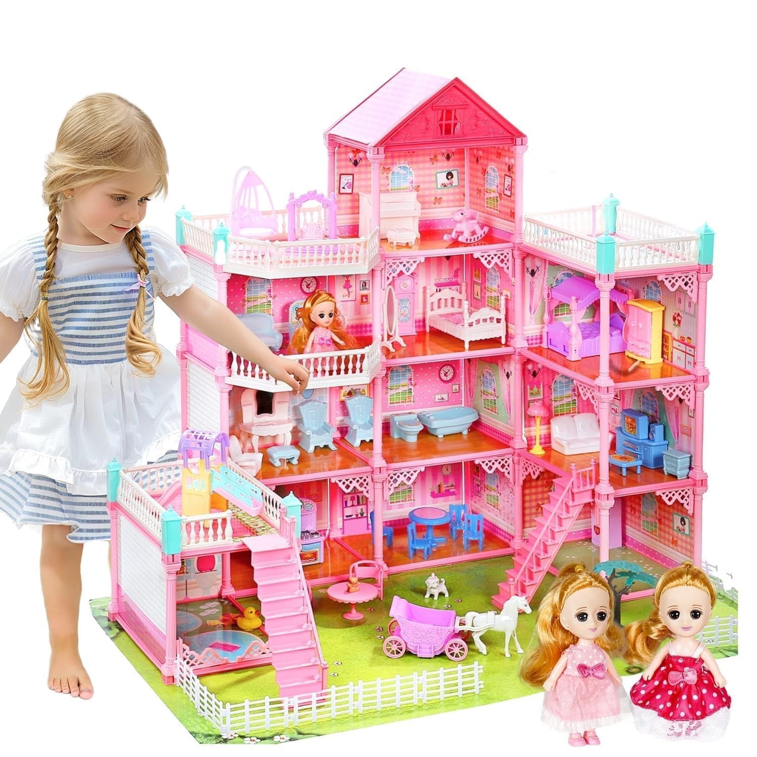 Daji Doll House, Dream House for Girls Pretend Toys - 4 Story 11 Rooms Dollhouse 7-8 Furniture and Accessories, Toddler Playhouse DIY Building Kids Gift for for 3 4 5 6 7 8 9 10+ Year Old Girls
