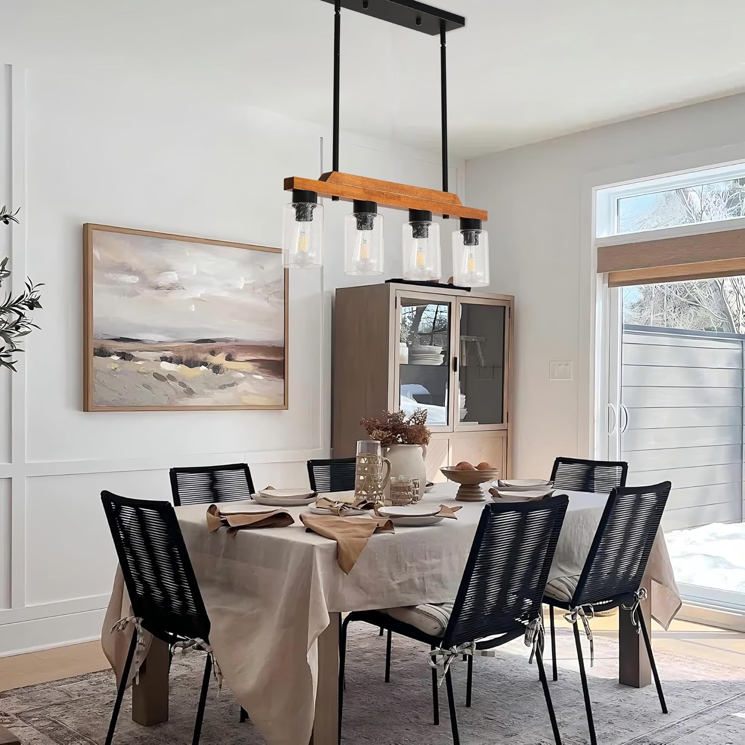 Farmhouse Linear Chandeliers 4-Light Kitchen Island Lighting, Black Rustic Wood Ceiling Pendant Light with Seeded Glass Shade, Farmhouse Dining Room Light Fixture