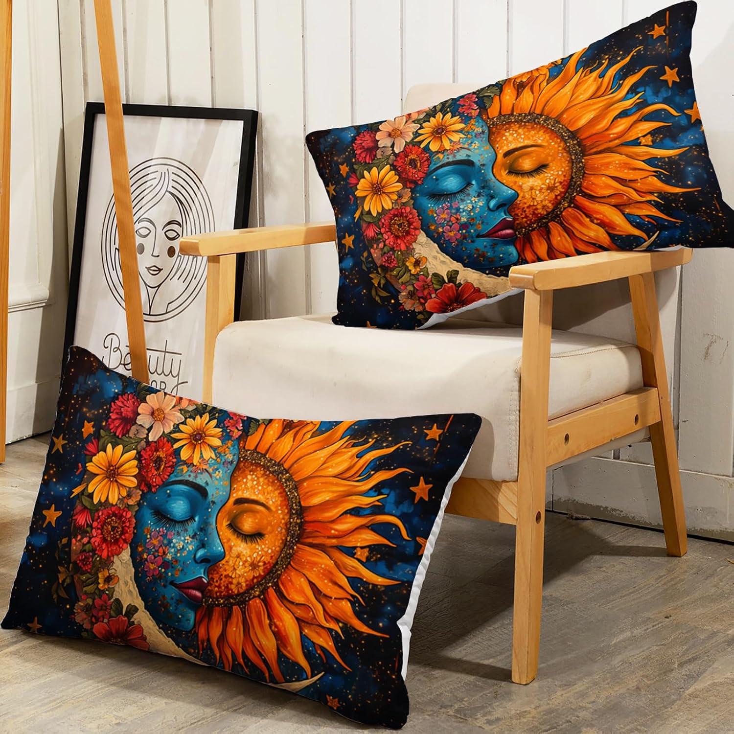 AILONEN Bohemian Sun and Moon Fitted Sheet Set,Sun Moon God with Vibrant Floral Bedding Set Full Size,Aesthetic Modern Boho Design Bedsheets Set,3-Pieces,1 Sheet Set + 2 Pillowcases,Microfibre