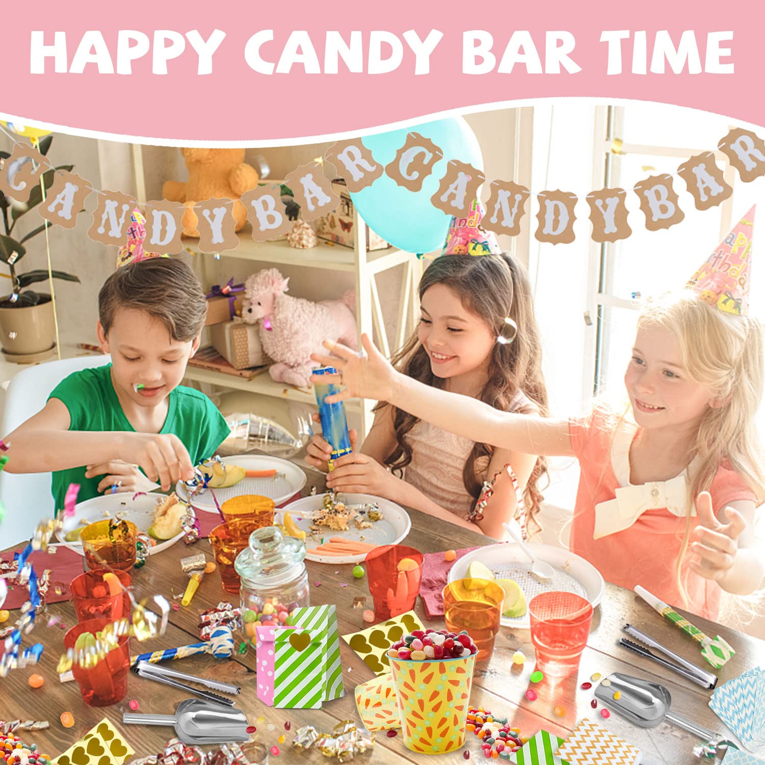 46pcs Candy Bar Sacchetti Caramelle Accessori Set,4 Acciaio Inox Candy 2 Scoop Ghiaccio 36 Candy Sacchetti Regalo 3 Adesivi 1 Candy Bar Banner,Candy Bar Accessori Per Negozi Di Caramelle,Matrimoni
