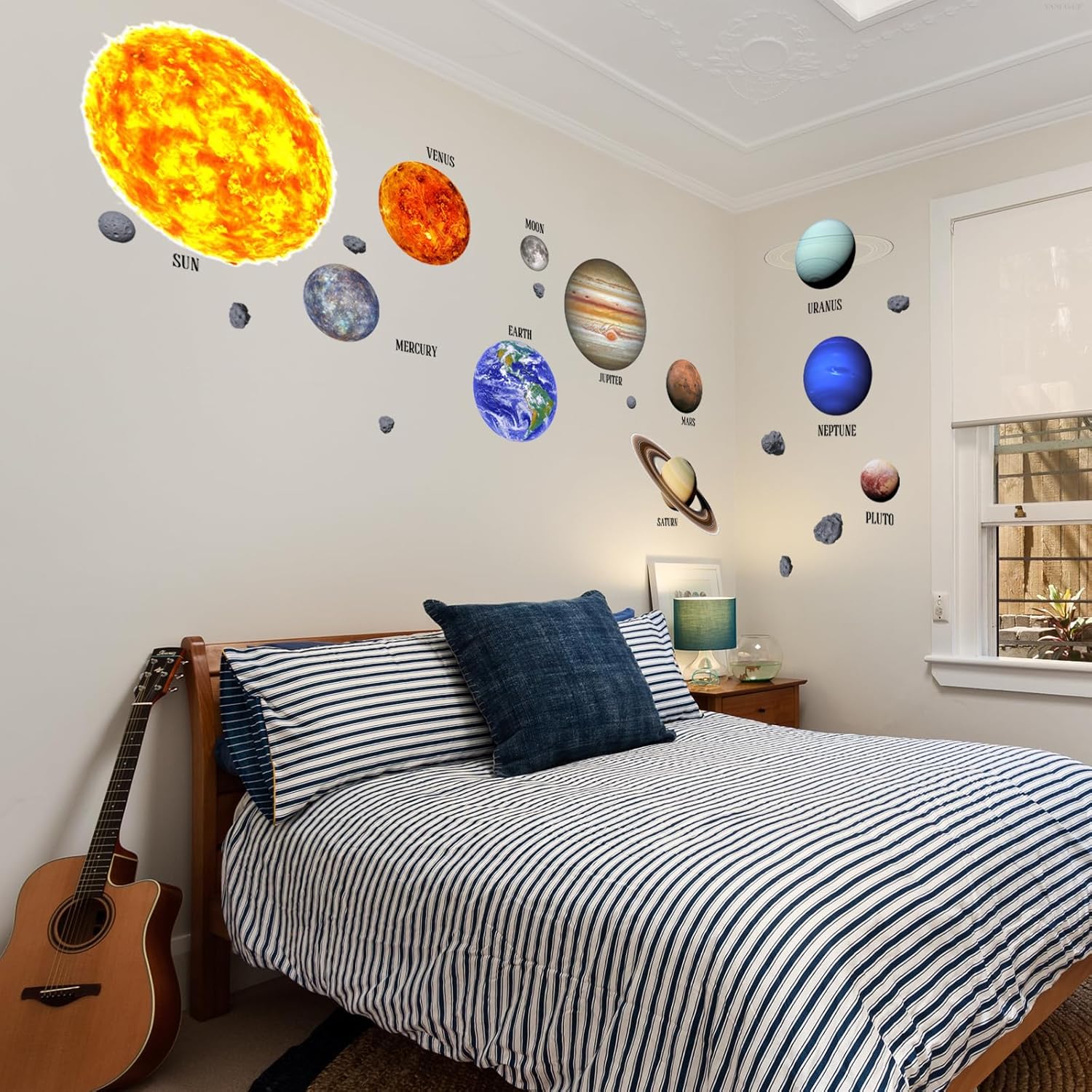 Solar System Wall Stickers Planets with Sun Decals Educational Theme Peel and Stick Astronomy Decals for Kids Room Bedroom Home Decor (Planets)