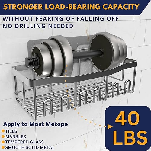 Miniatura 5 de Organizador de ducha adhesivo a prueba de óxido, paquete de 5 unidades, organizador de baño sin taladro, con 20 ganchos, soporte para jabón, 4