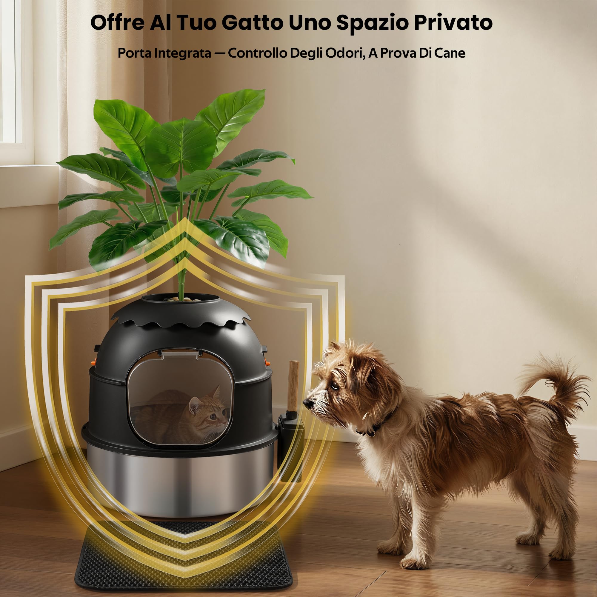 lettiera gatto chiusa in acciaio inox con pianta finta, mobile copri lettiera con porta trasparente, antiodore, facile da pulire (Nero)