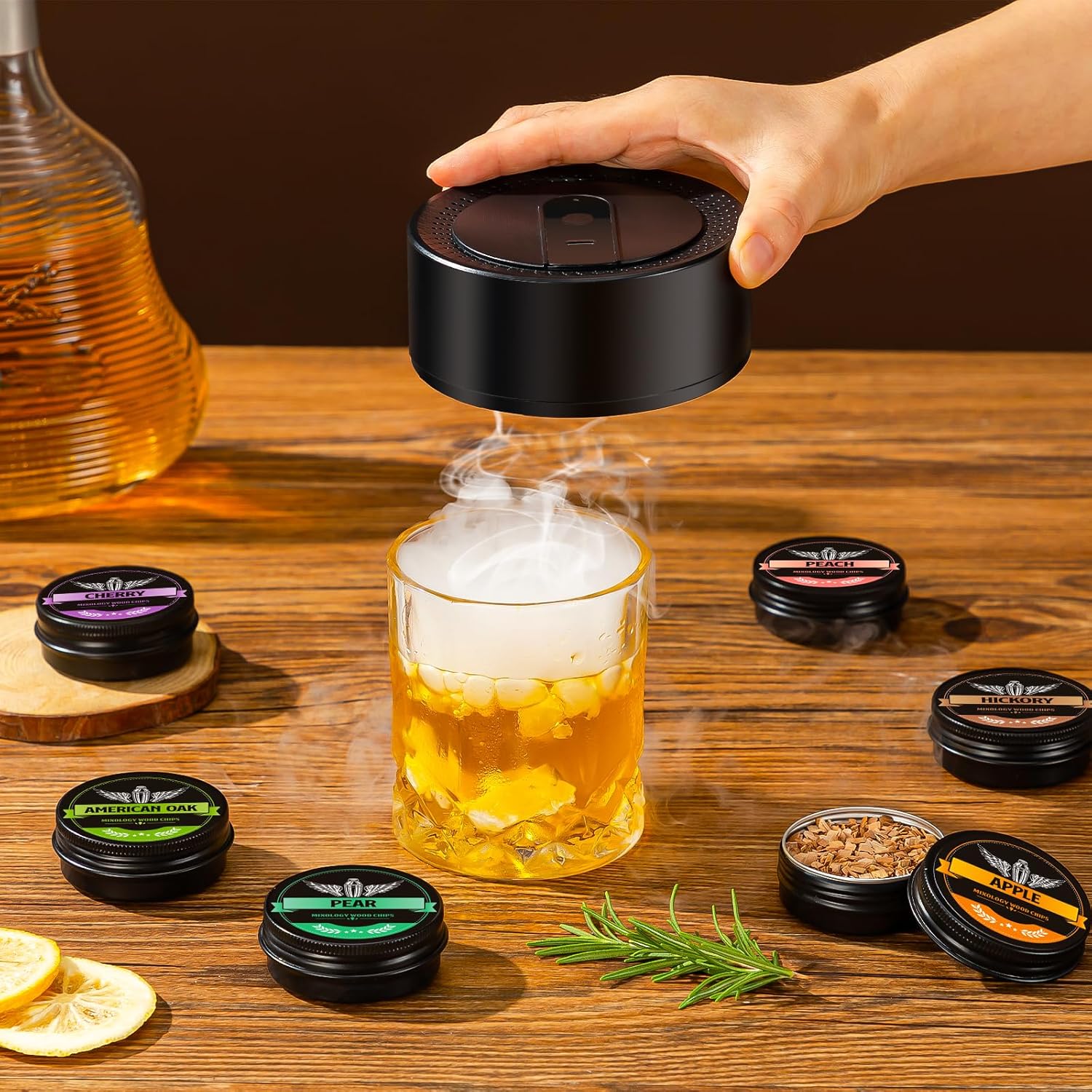 Electric Whiskey Smoker Kit with Wooden Display Barrel, Rechargeable Cocktail Smoker Kit with 6 Premium Wood Chips for Old Fashioned & Whiskey – Bar Gift for Men, Dad, Husband (No Butane Needed)