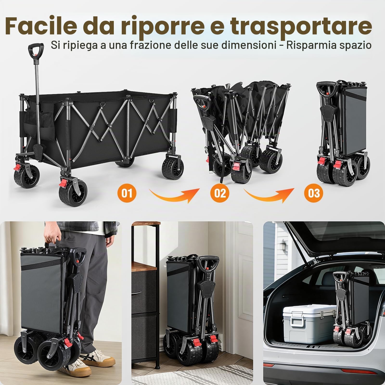 YEAUPE PRO Carrello Spiaggia Pieghevole con Ruote Portatutto, Grande Capacità, Doppi Freni, Doppia Forcella Rinforzata, Ruote Grandi, Manico Regolabile, Rete Elastica Inclusa, 250kg/255L, Nero