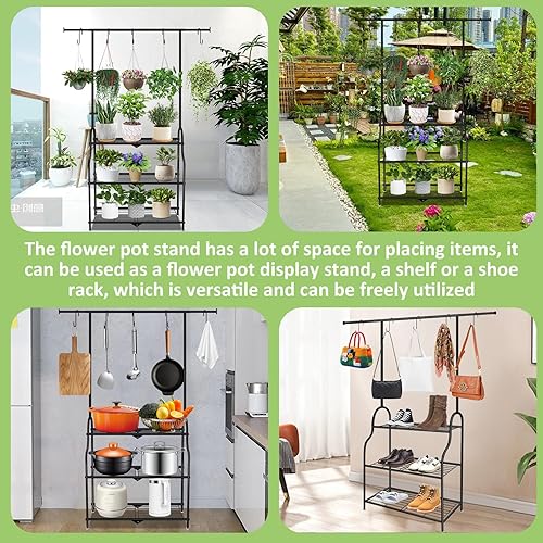 Miniatura 7 de Soporte de metal para plantas de 3 niveles para interiores y exteriores, estante de metal resistente para múltiples macetas de flores, soporte alto
