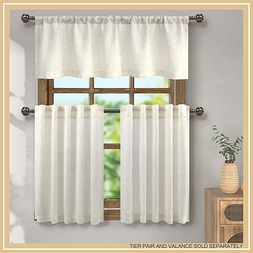 Miniatura 8 de Cenefa de ventana de lino natural para cocina con bolsillo para barra de 3 pulgadas cenefa semitraslúcida para filtrar la luz estilo bohemio rústico