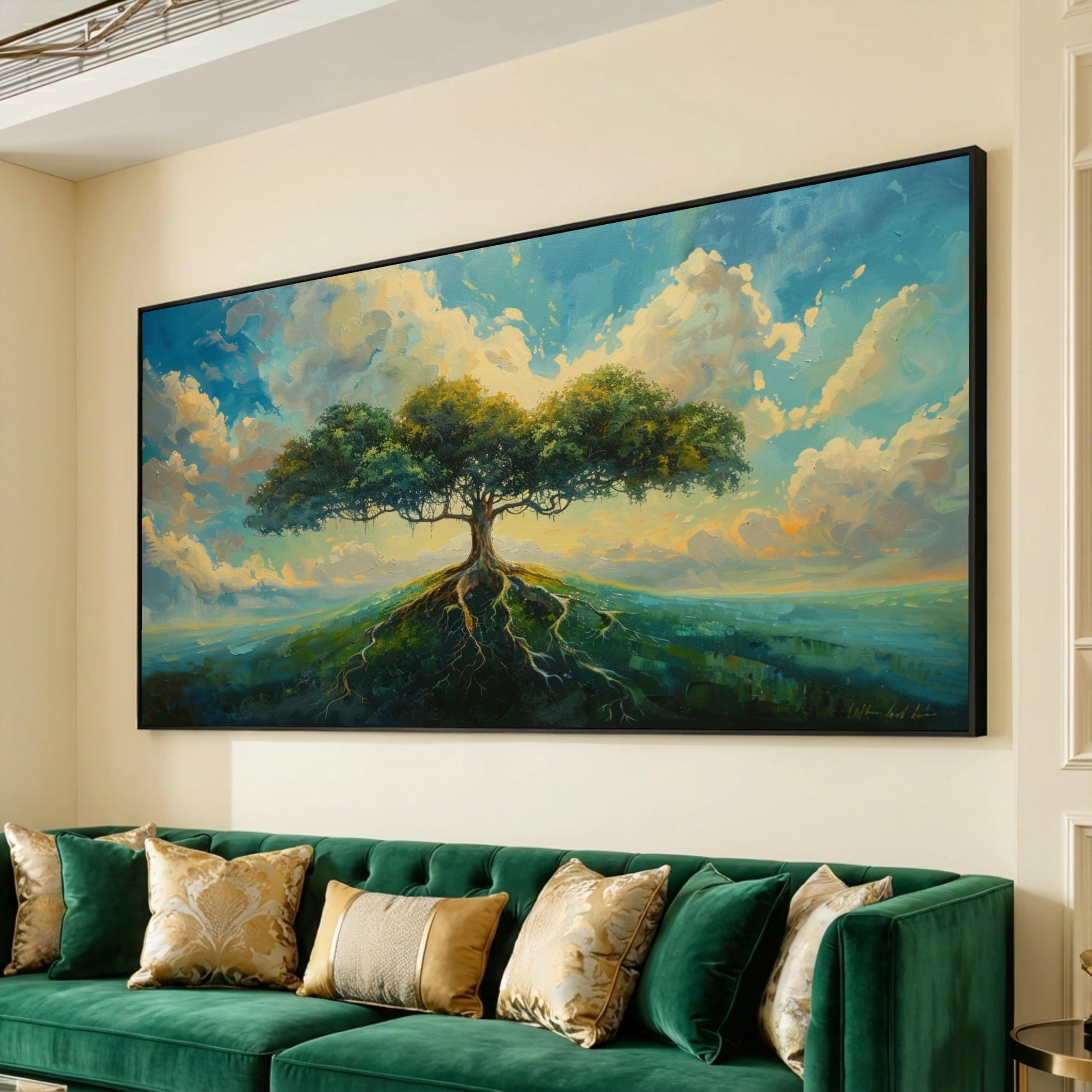 LMYCHENG Majestic Tree on Hill Canvas Painting, Nature Landscape Wall Art, Sky Green Foliage Canvas Prints Home Decor(60x105cm/Frameless)