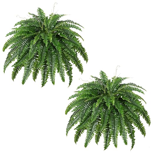 Artificial Boston Fern Bush- Set of 2 Large Artificial Ferns for Outdoors, 45Inch Large Faux Ferns, Suitable for Office & Living Room Decor, 55Branches for Each Bouquet