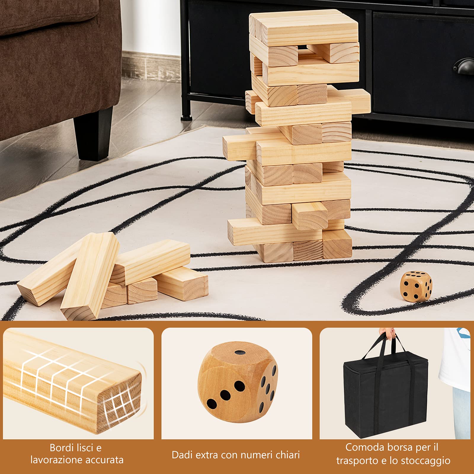 COSTWAY 54 Blocchi di Legno di Pino con Angoli Curvi, Mattoncini Giocattoli, Torre di Legno Gigante con Borsa di Trasporto, Ideale per Feste e Party