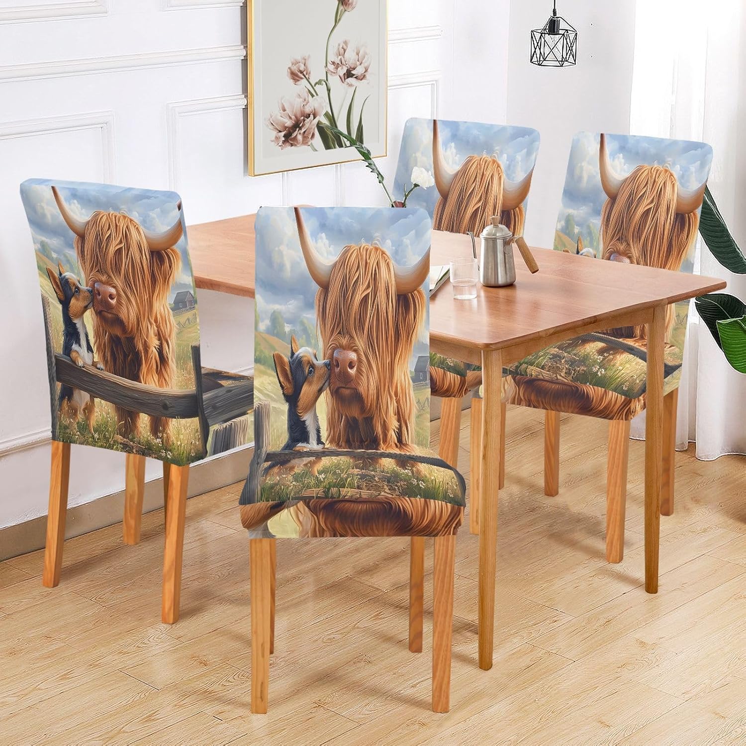 ALAZA Chair Covers for Dining Room, Highland Cow Dog Stretch Chair Cover Sets Chair Protector Removable Washable for Ktichen Restaurant Hotel
