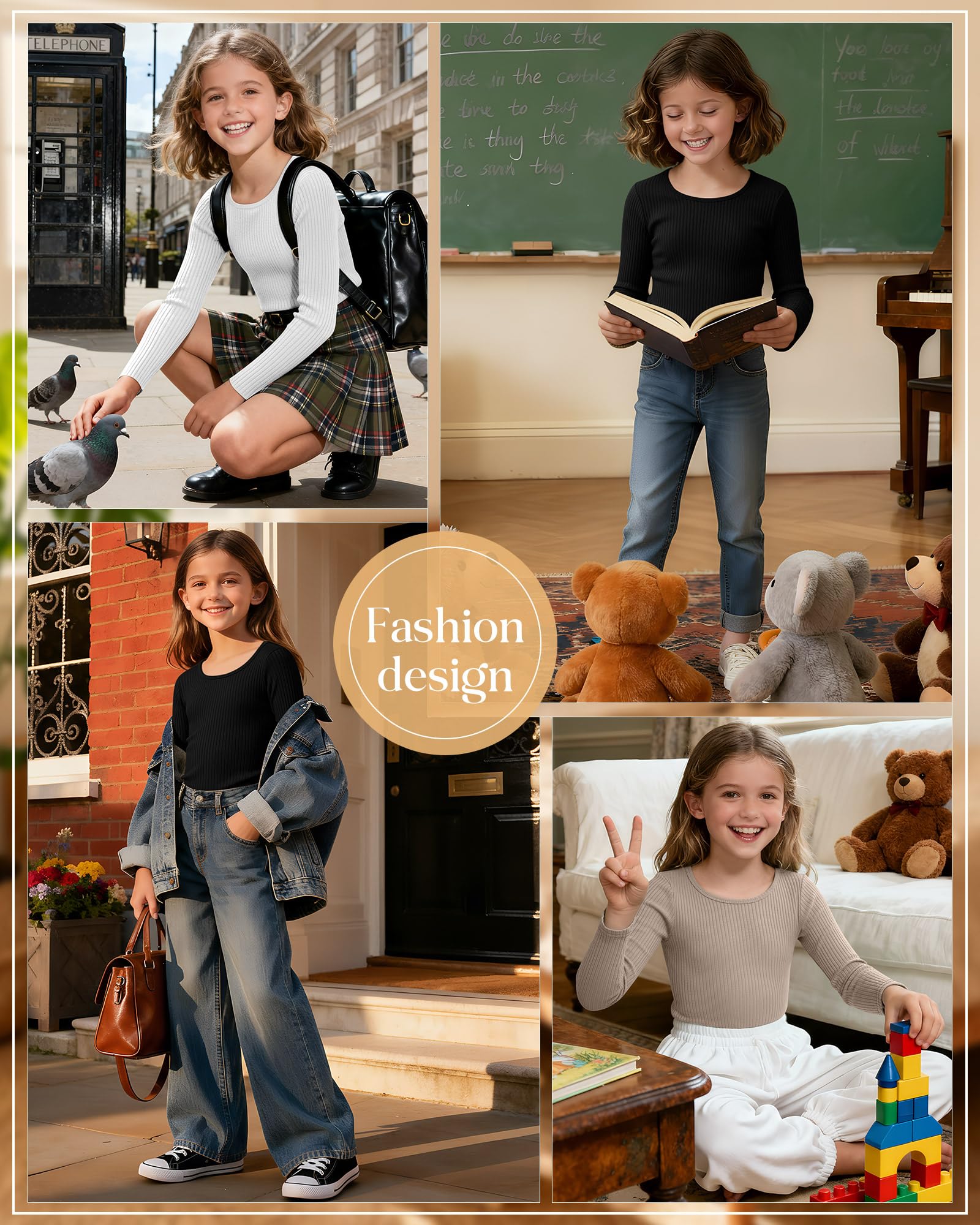 Clabby 3 Pack T-Shirts Fille Coton Côtelé Manches Longues