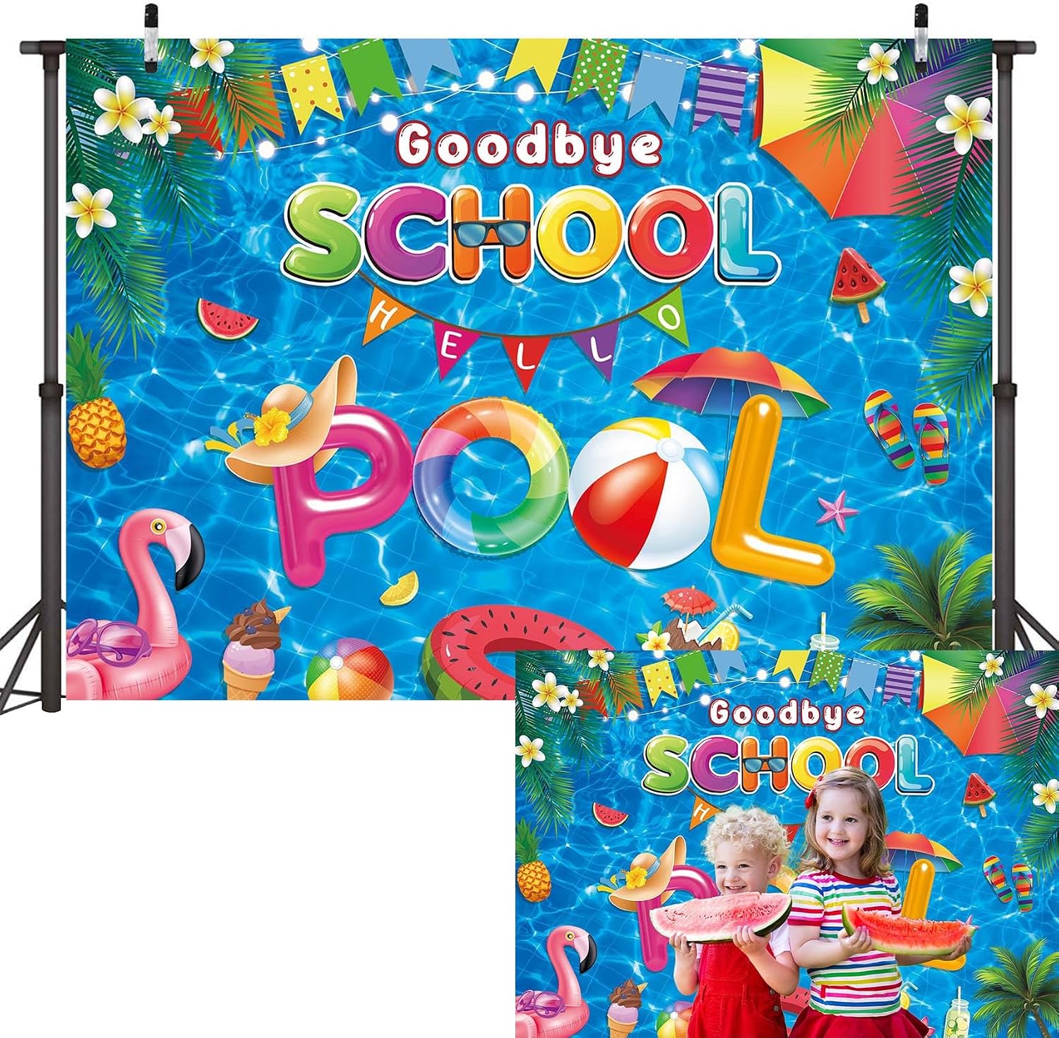 Goodbye School Hello Pool Backdrop 7x5FT End of School Year Background School's Out for The Summer Decorations Party Decorations Banner Vacation Beach Pool Party Photo Props