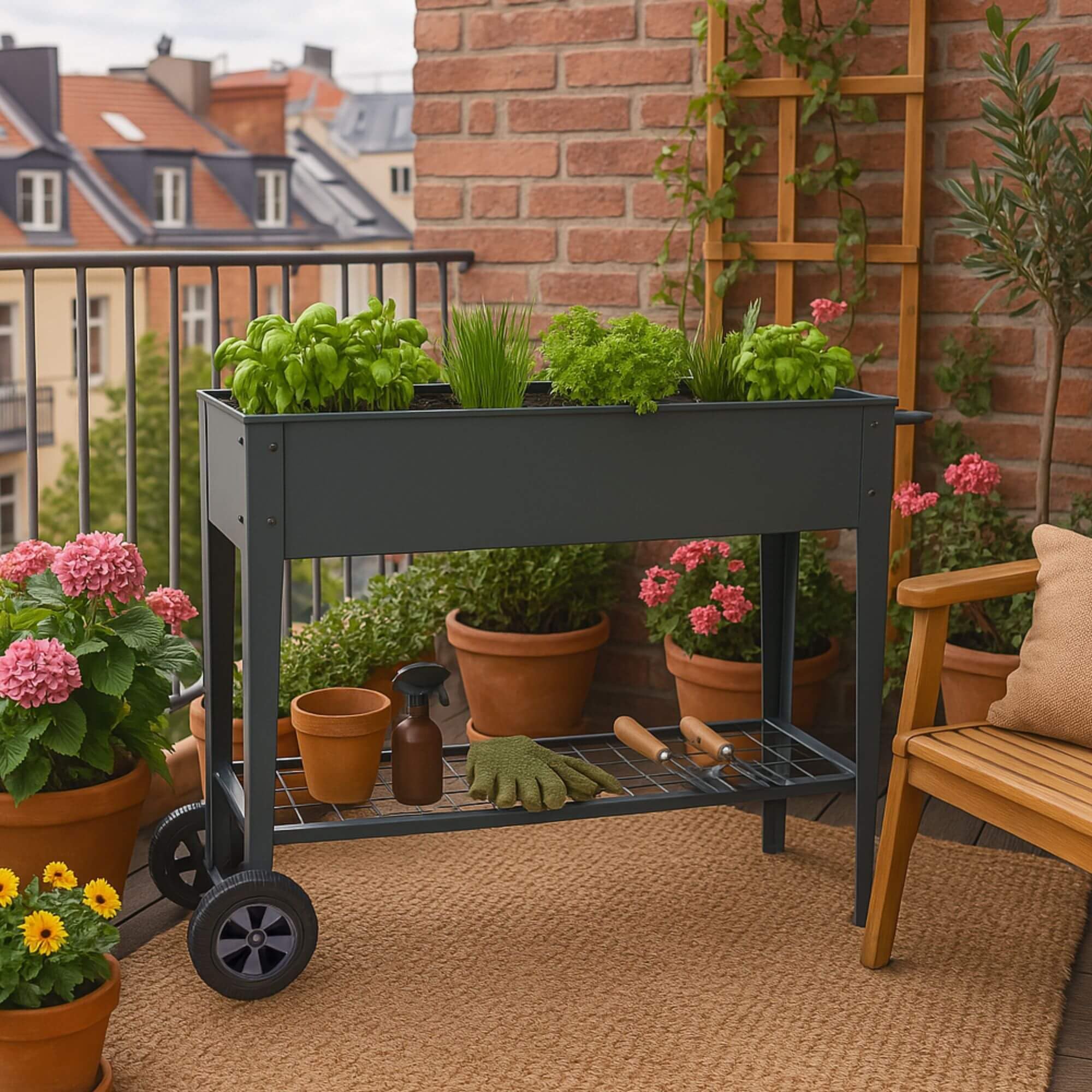 AREBOS Aiuola Rialzata con Ruote e Ripiano 108×51×80 cm | Fioriera da Giardino e Balcone | Orto Rialzato per Verdure e Erbe | Ideale per Terrazzo