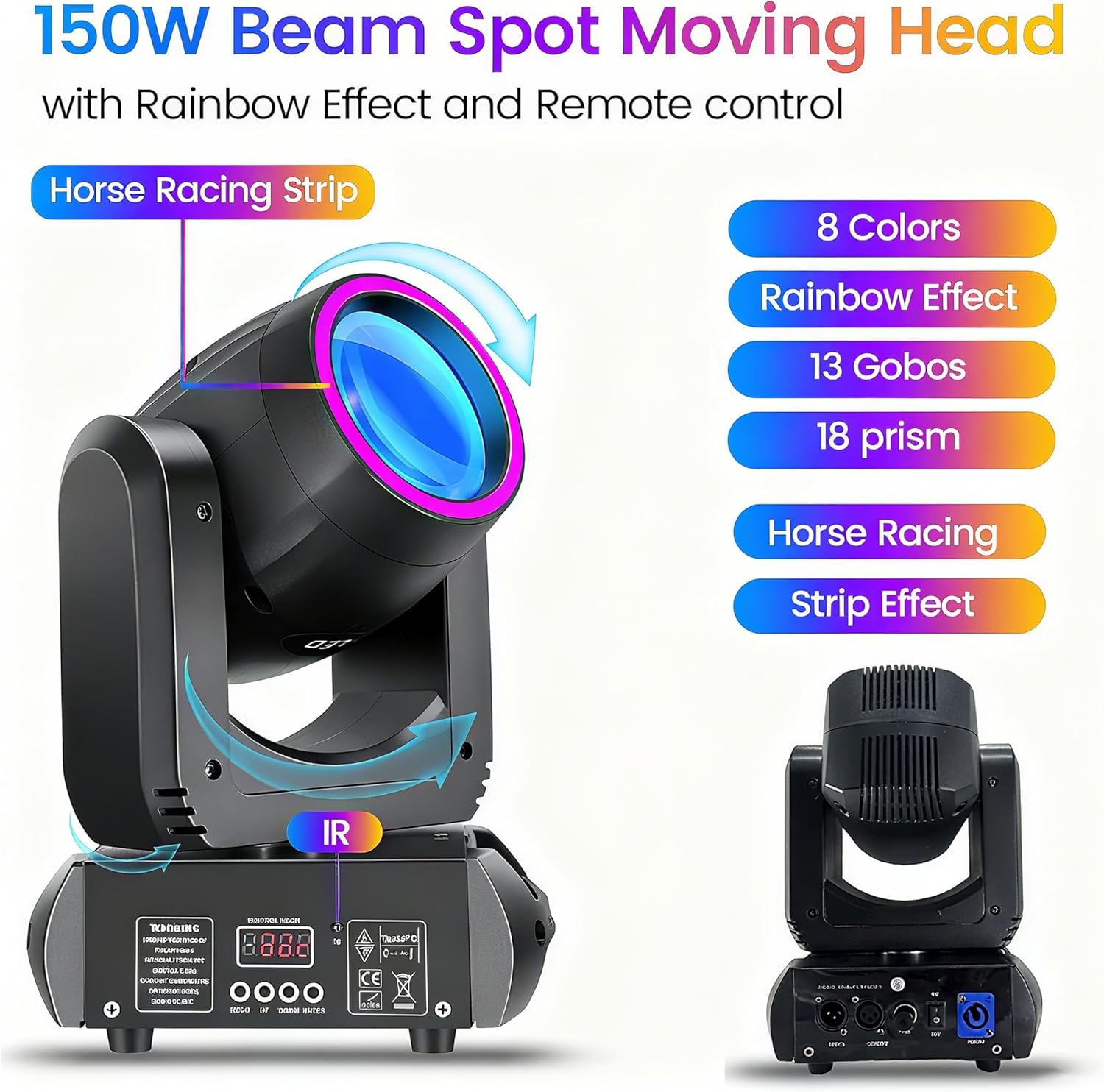 Moving Head DJ Lights GOBO with 150W Light, 13 Gobos, 8 Colors, 18-Prism, 15 Channels - Stage Light for Wedding, Party, Event Lighting.