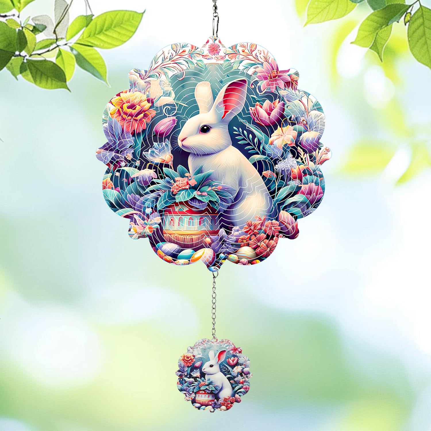 Wind Spinners Outdoor Easter Bunny and Eggs, 12 inch Stainless Steel Hanging Kinetic for Yard, Garden, Patio, Outdoor - Wind Spinners Craft Decor Birthday Gifts for Women, Men, Mom and Lovers