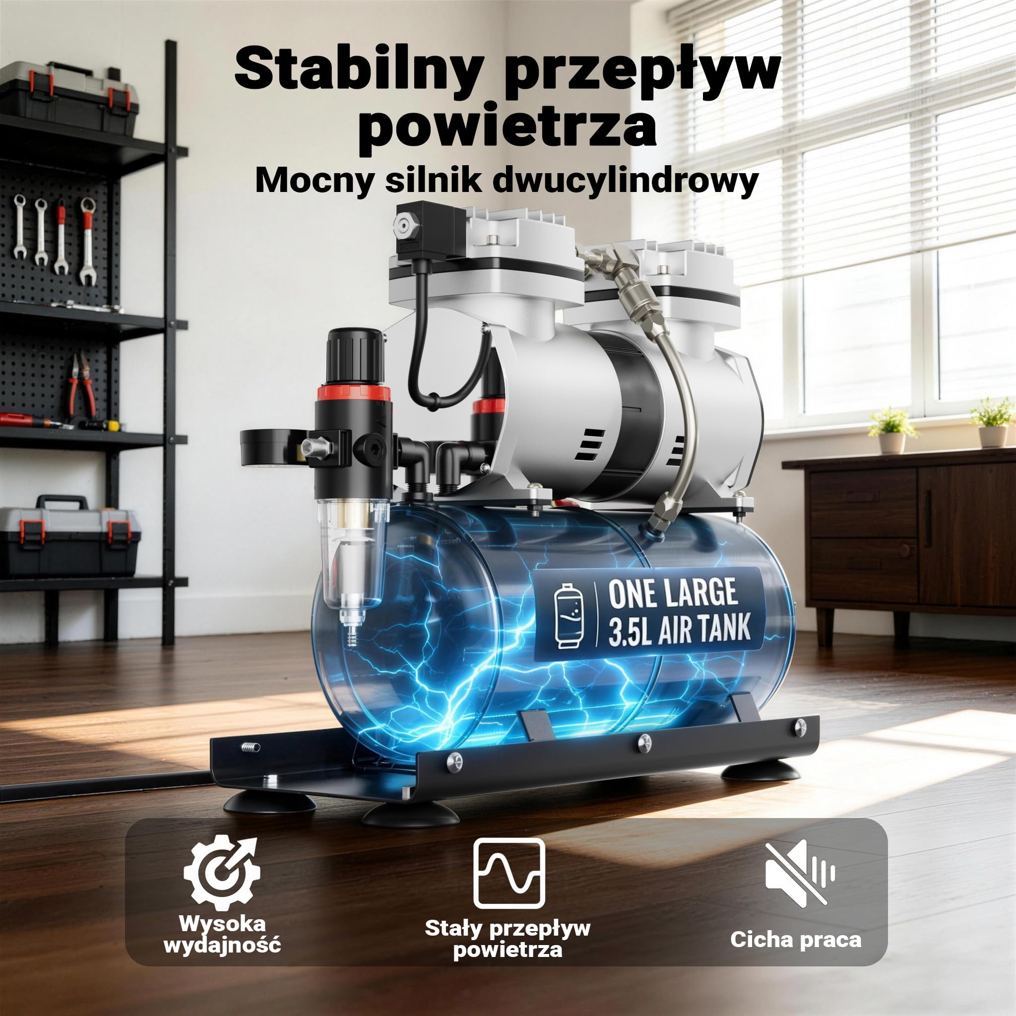 Kompresor AS196A do aerografu ze zbiornikiem powietrznym 2-cylindrowy 6 tłoki 2-stopniowy