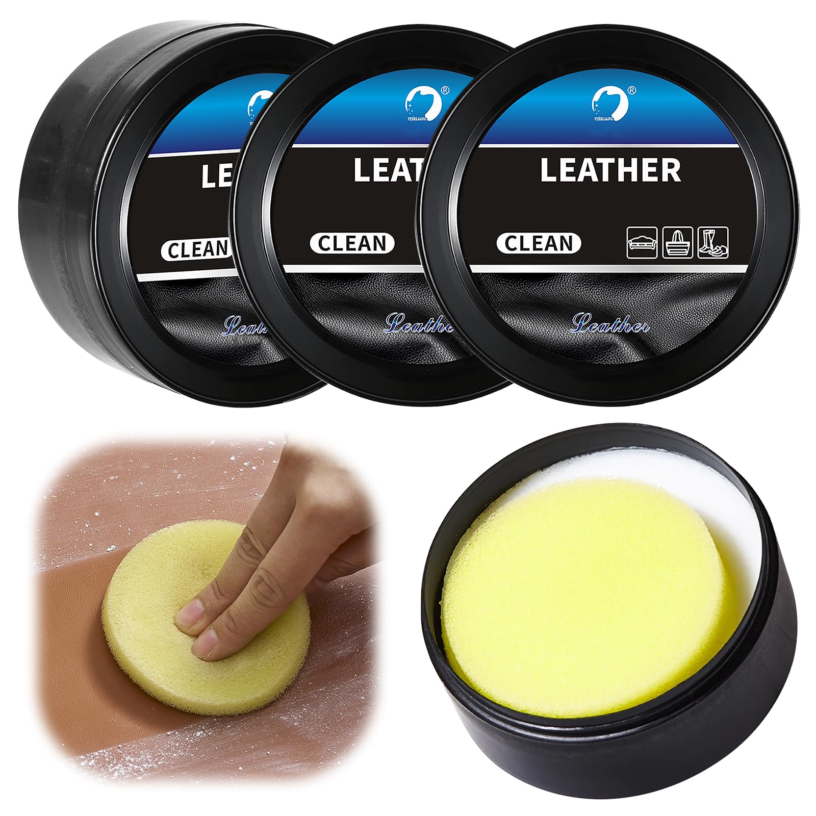 Leather Cleaner, 3 Pcs Cleaning and Care Cream Kit, Multifunctional Leather Care Cleaning Paste for Cleaning and Care of Such as Leather Bags, Leather Shoes, Car Interiors, Leather Sofas.