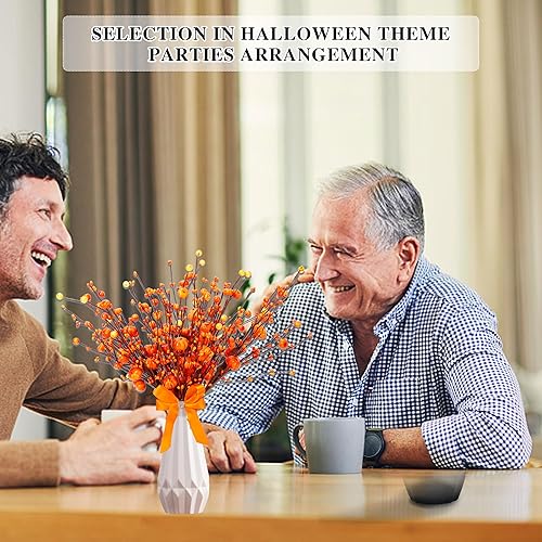 Miniatura 6 de 6 piezas de flores artificiales para decoración de otoño, ramas de Acción de Gracias, tallos de calabaza naranja otoñal, arreglos florales con lazo