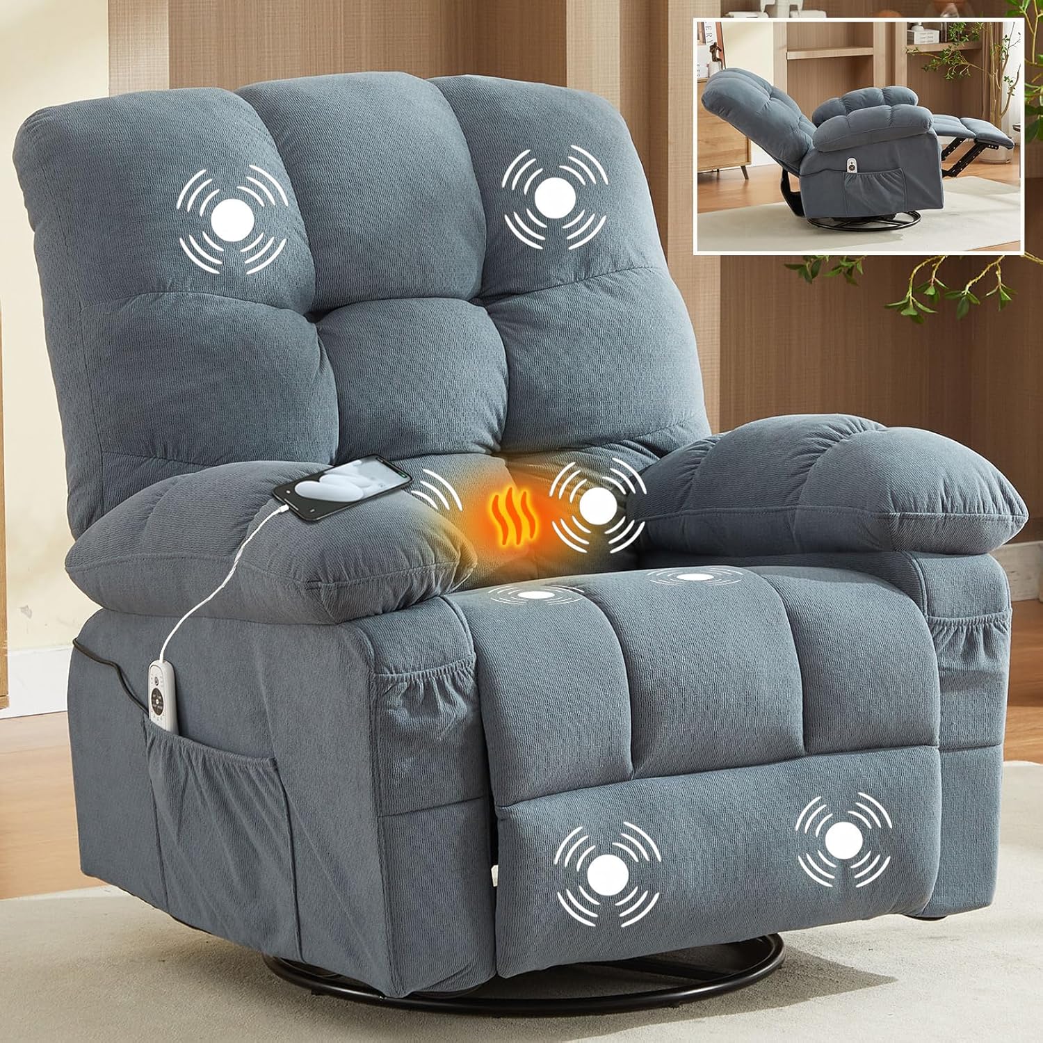 Oversized Recliner Chairs for Adults,Swivel Rocking Chair Recliner with Wide Arms& Backrest, Fabric Reclining Chair with Pockets, Lazy Boy Recliners for Living Room Bedroom (Grey)