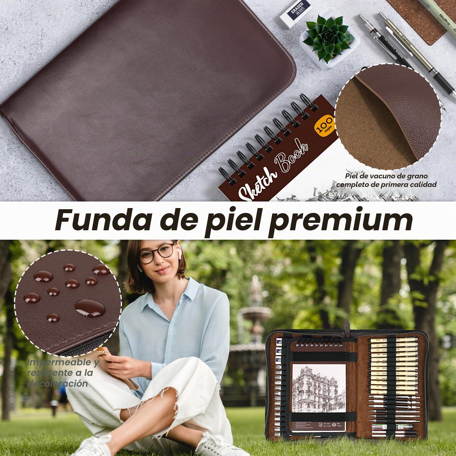 Nicpro 58 piezas portaminas mecánicos con estuche de cuero, kit de dibujo artístico con 6 portaminas de 0,5, 0,7, 0,9 y 2 mm, bolígrafo de 12 micras, cuaderno de bocetos, 30 recambios de mina
