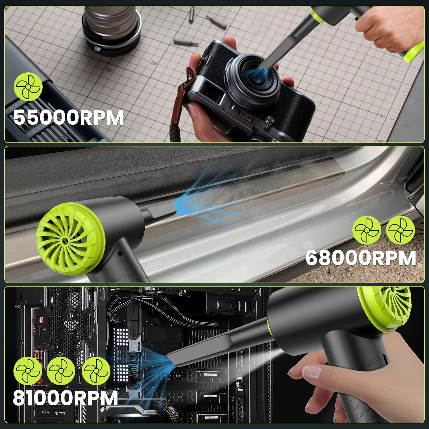2 en 1 Soplador de Polvo Eléctrico, Plumero de Aire Comprimido, Potente 3 Velocidades 81000 RPM, Batería Recargable de 6000 mAH, para Ordenador, Coche, Oficina, Sofá, Sustituto de Aire Comprimido