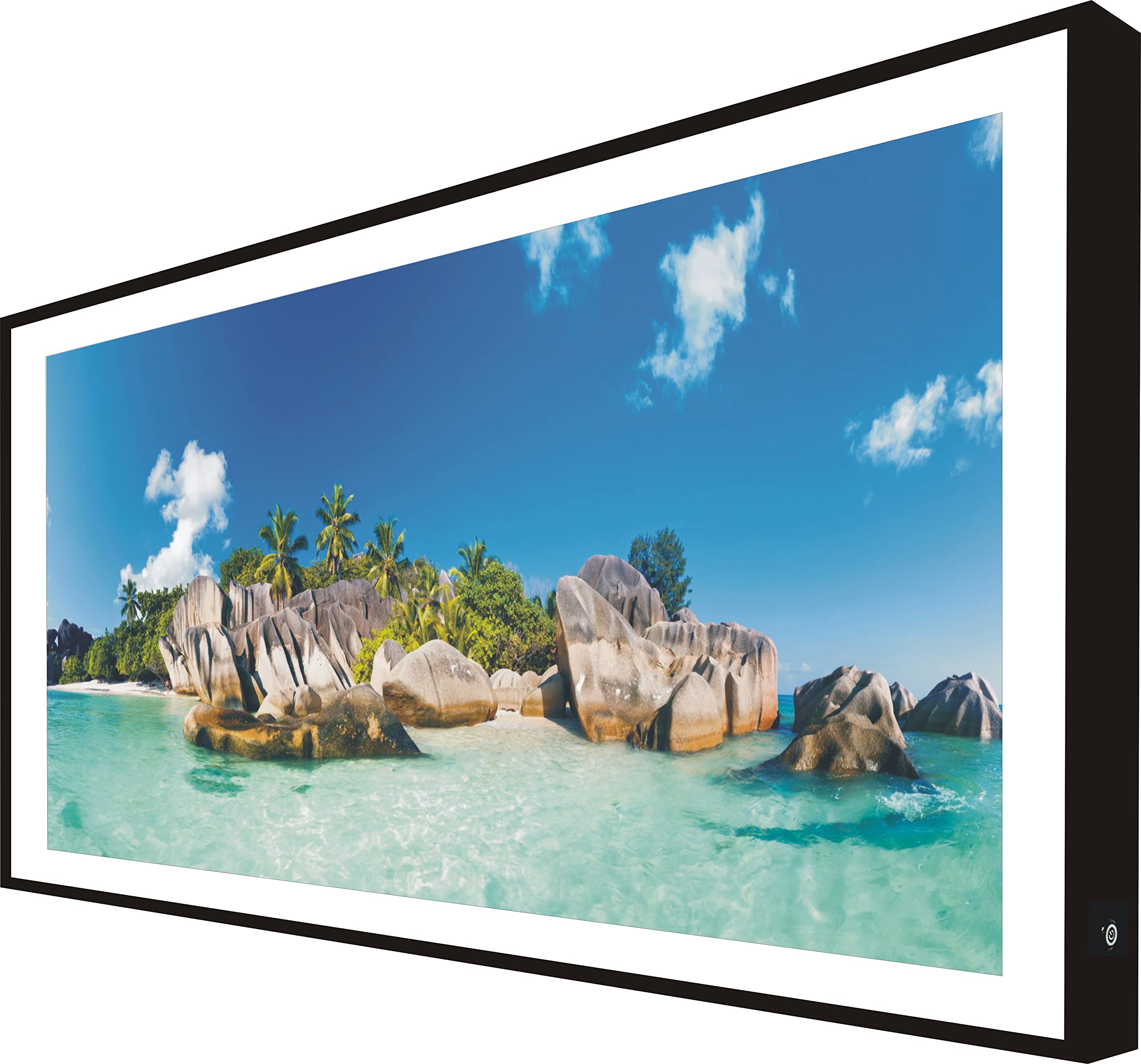 Tableau avec cadre en bois laqué noir et éclairage LED vue plage paradisiaque