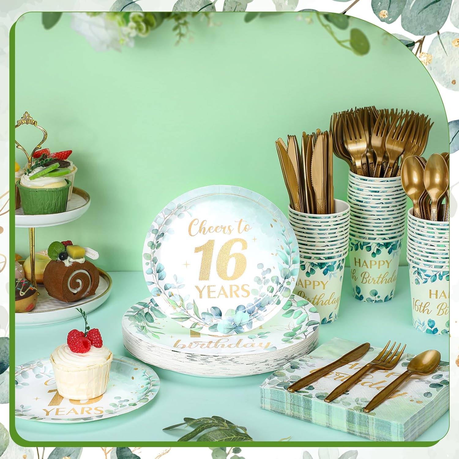 Yungyan 252 Pcs Greenery 16th Birthday Decorations for Sweet Boy Girl Official Teenager 16th Eucalyptus Tableware Supplies Sage Green Birthday Disposable Plates Napkins Cups Spoon Forks and Knives
