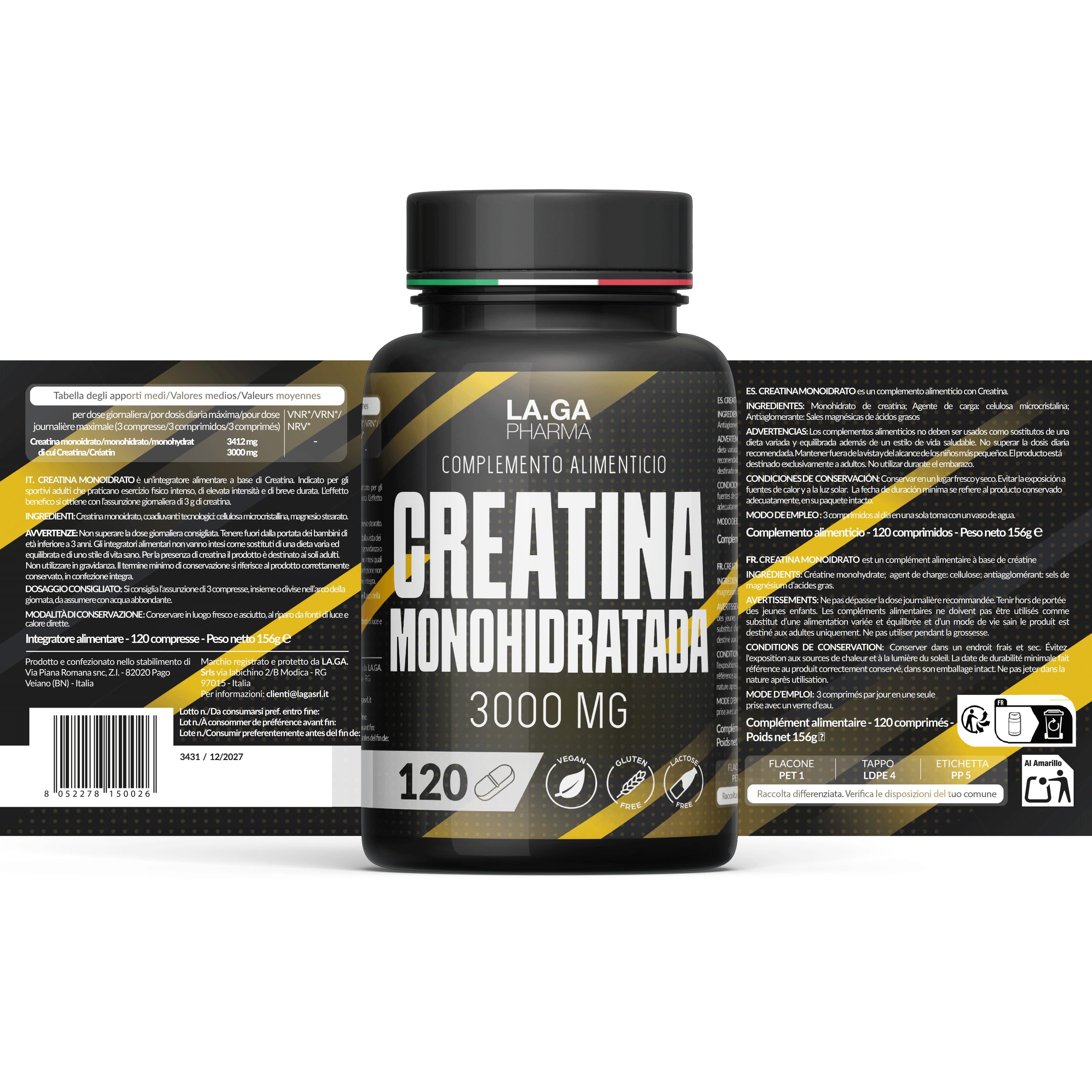 Creatina Monoidrata 120 Compresse da 3000mg di Creatin Pura per dose. Creatine Monohydrate per Massa Muscolare e Boost Energetico. Creatina Pre e Post Workout. Creatina Made in Italy, 100% Vegan