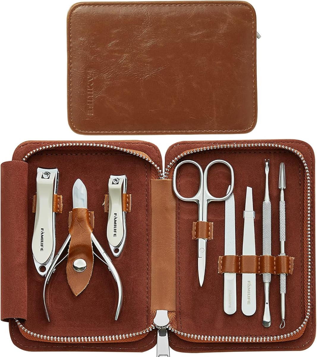 FAMILIFE Manicure Set, Nail Clippers Pedicure Tool, 8 pcs Stainless Steel Manicure Kit Professional Grooming Tool, Nail Kit with Portable Brown Leather Travel Case Luxury Gifts for Men