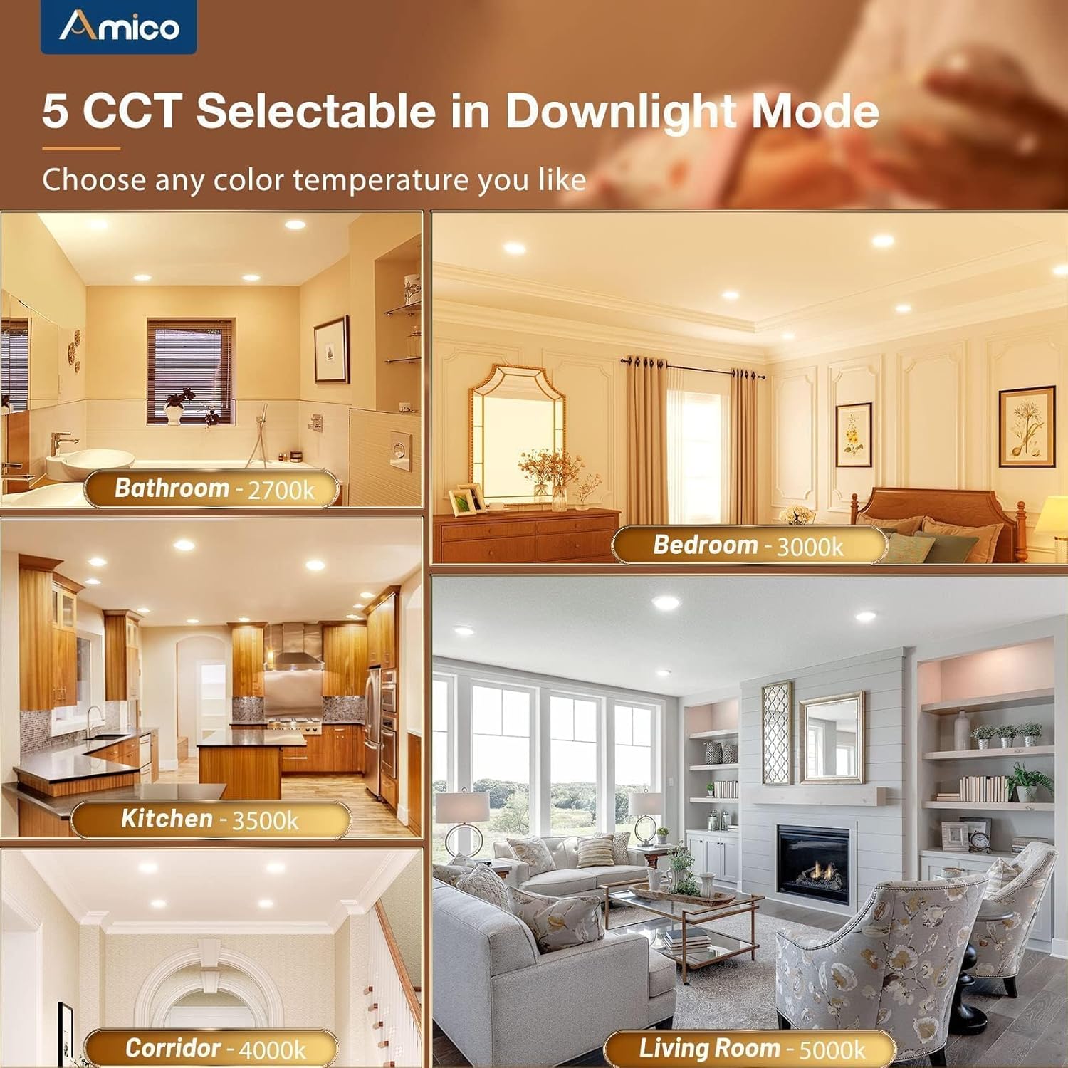 Amico 20 Pack 6 inch Night Light White+ 24 Pack 6 Inch Night Light Black, 2700K-5000K Selectable Ultra-Thin Recessed Lighting, 12W=110W, 1100LM, Dimmable Canless Wafer Downlight ETL&FCC