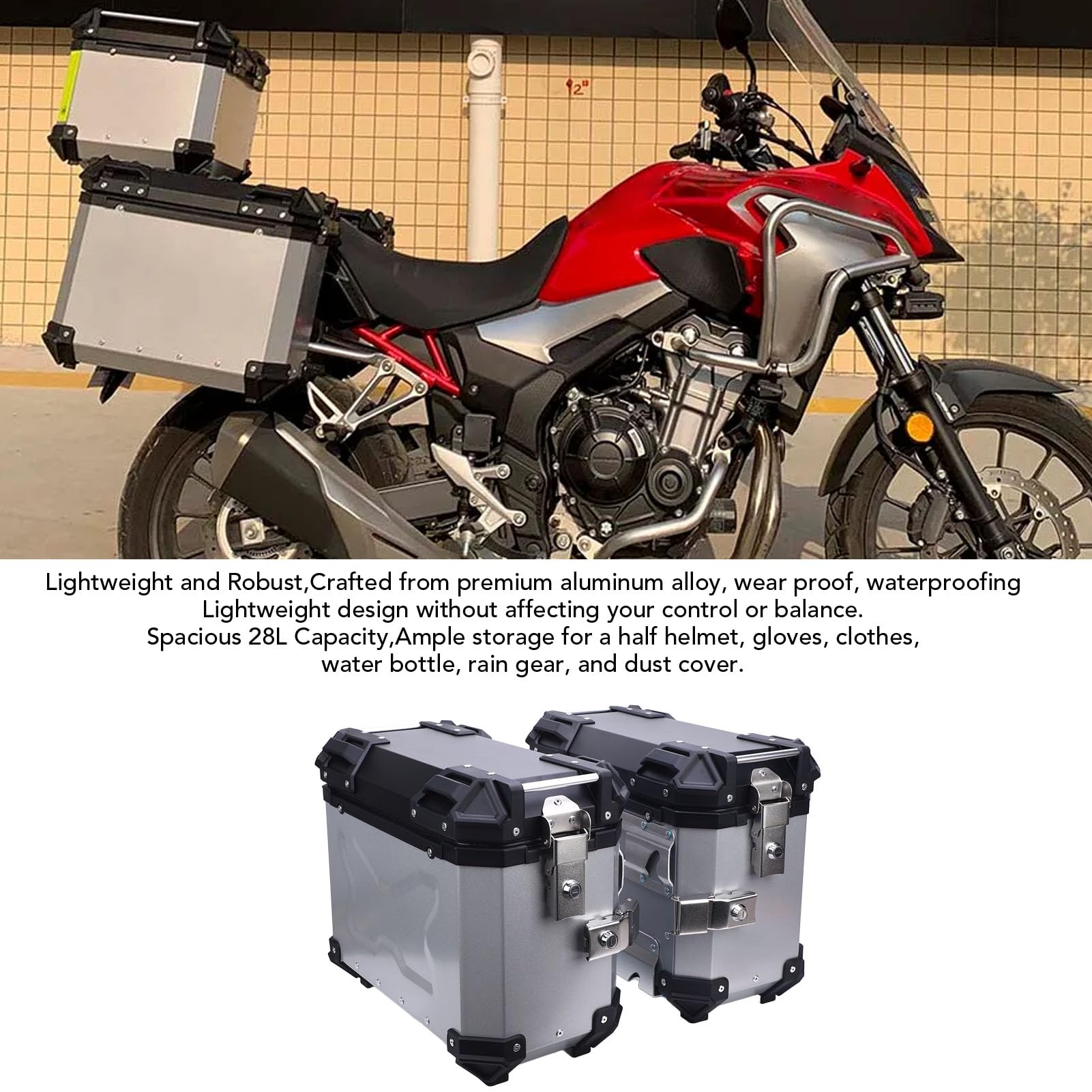 Kufer Boczny Motocykla Twardy Kufer Podsiodłowy ze Stopu Aluminium 28L z Zamkiem, Uchwytem i Naklejkami Odblaskowymi, Uniwersalny Pasujący do Większości Motocykli