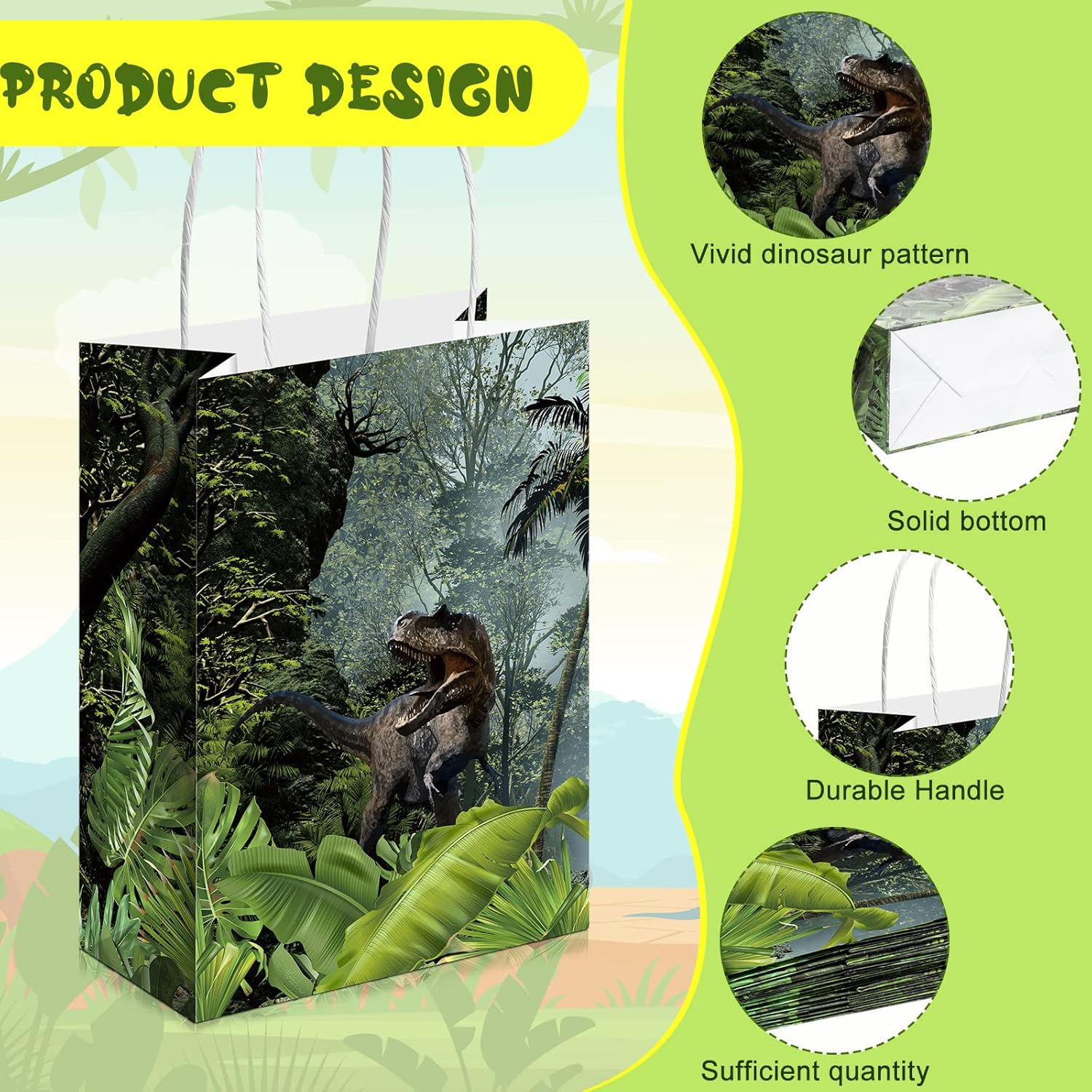 Sinmoe 24 Pcs Dinosaur Party Favor Bags with Handles Green Dino Candy Treat Goodies Paper Gift Bags Jurassic Dinosaur Themed Birthday Party Decor Supplies, 2 Designs - Image 3