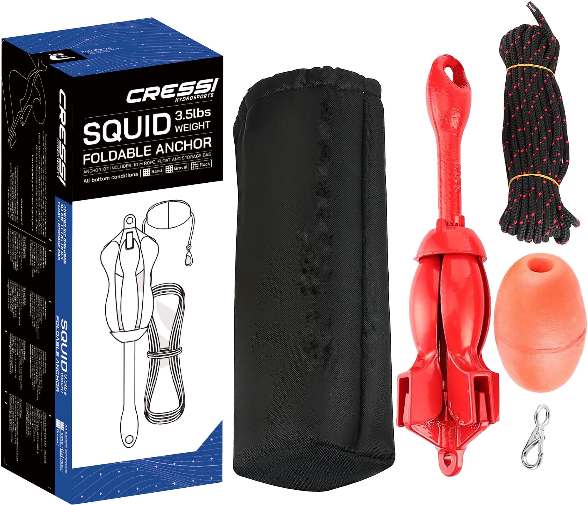 Cressi Squid Ancora Pieghevole per SUP Kayak e Gommone con Cima 10m Galleggiante Moschettone, Accessori Nautica per Tavola SUP Gonfiabile Barca Canoa e Kayak da Pesca