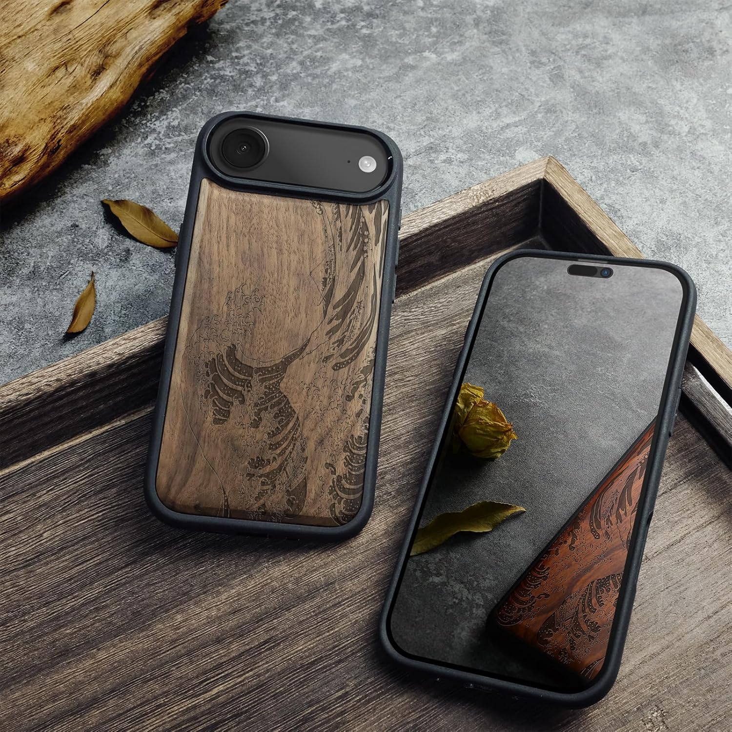 Carveit Magnetic Wooden Case for iPhone Air Case, Wood Artisan Engraved & Soft TPU Shockproof Cover, Compatible with MagSafe 17 Air Wireless Chargers (Wave Reimagined) Walnut