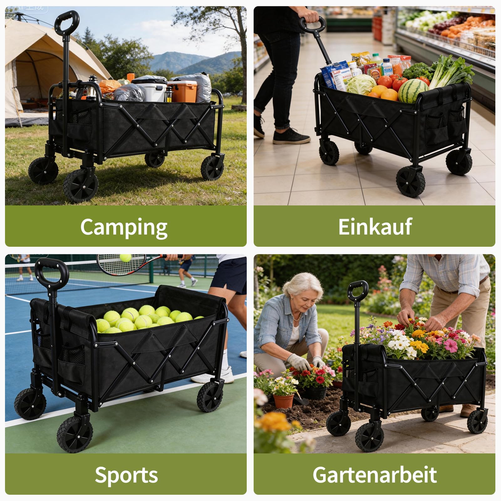 Bollerwagen faltbar,Tragfähigkeit 210 kg, Multifunktionaler Faltwagen mit geländegängigen Rädern, tragbar für Camping, Garten, Einkaufen und Strand (Schwarz, 120L 100 kg Tragfähigkeit)